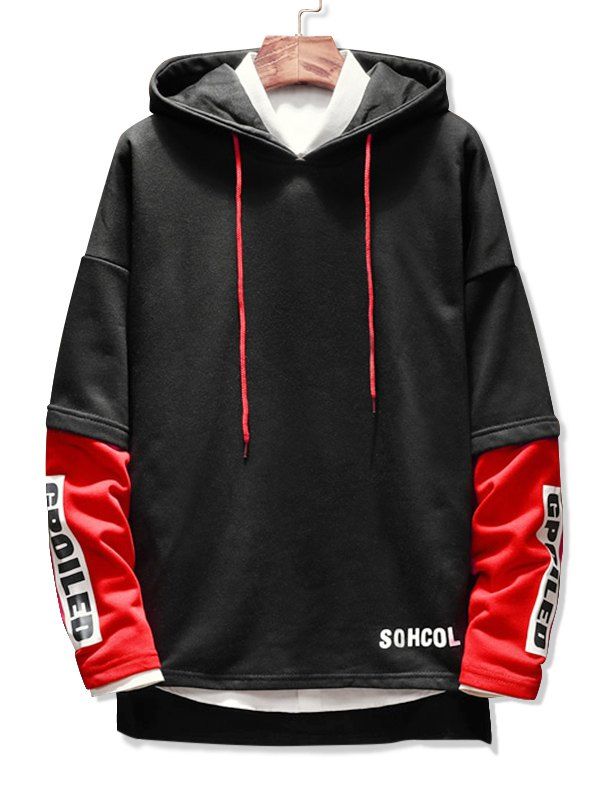 

Patchwork Letter Printed Pullover Hoodie, Black