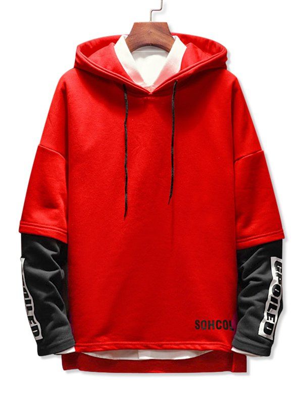 

Patchwork Letter Printed Pullover Hoodie, Red