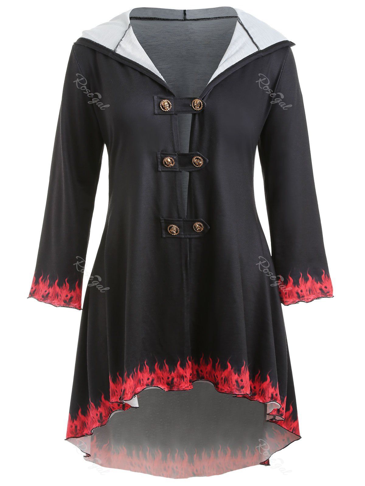 Plus Size Fire Print Double Breasted Coat, Black