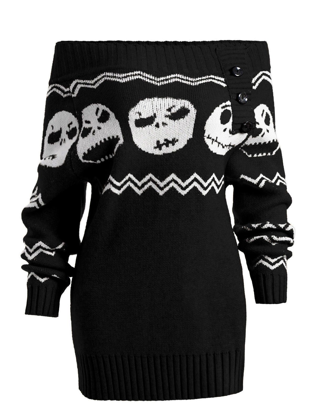 

Skull Off Shoulder Tunic Sweater, Black