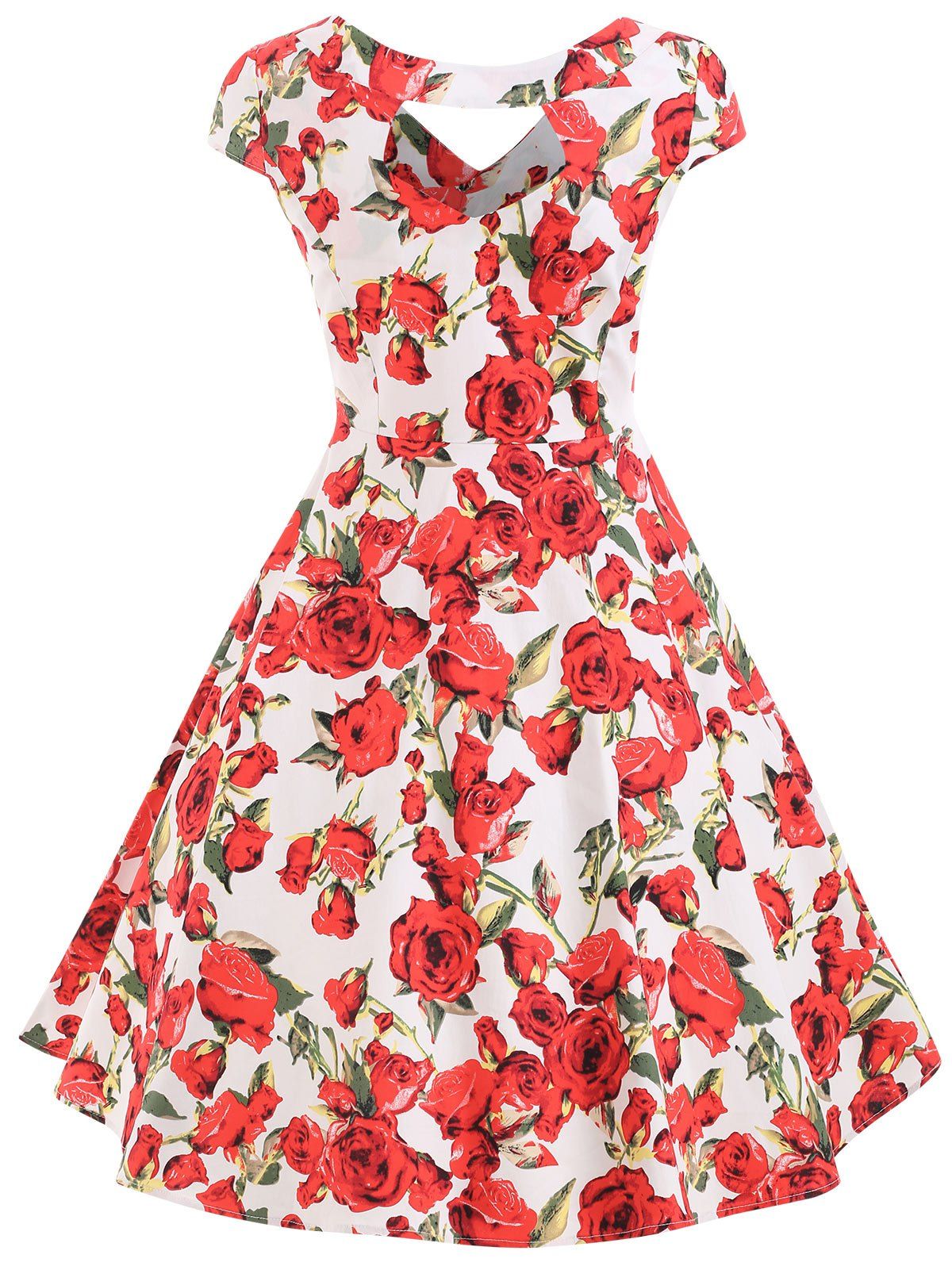 

V Neck Cap Sleeve Floral Print Dress, Milk white