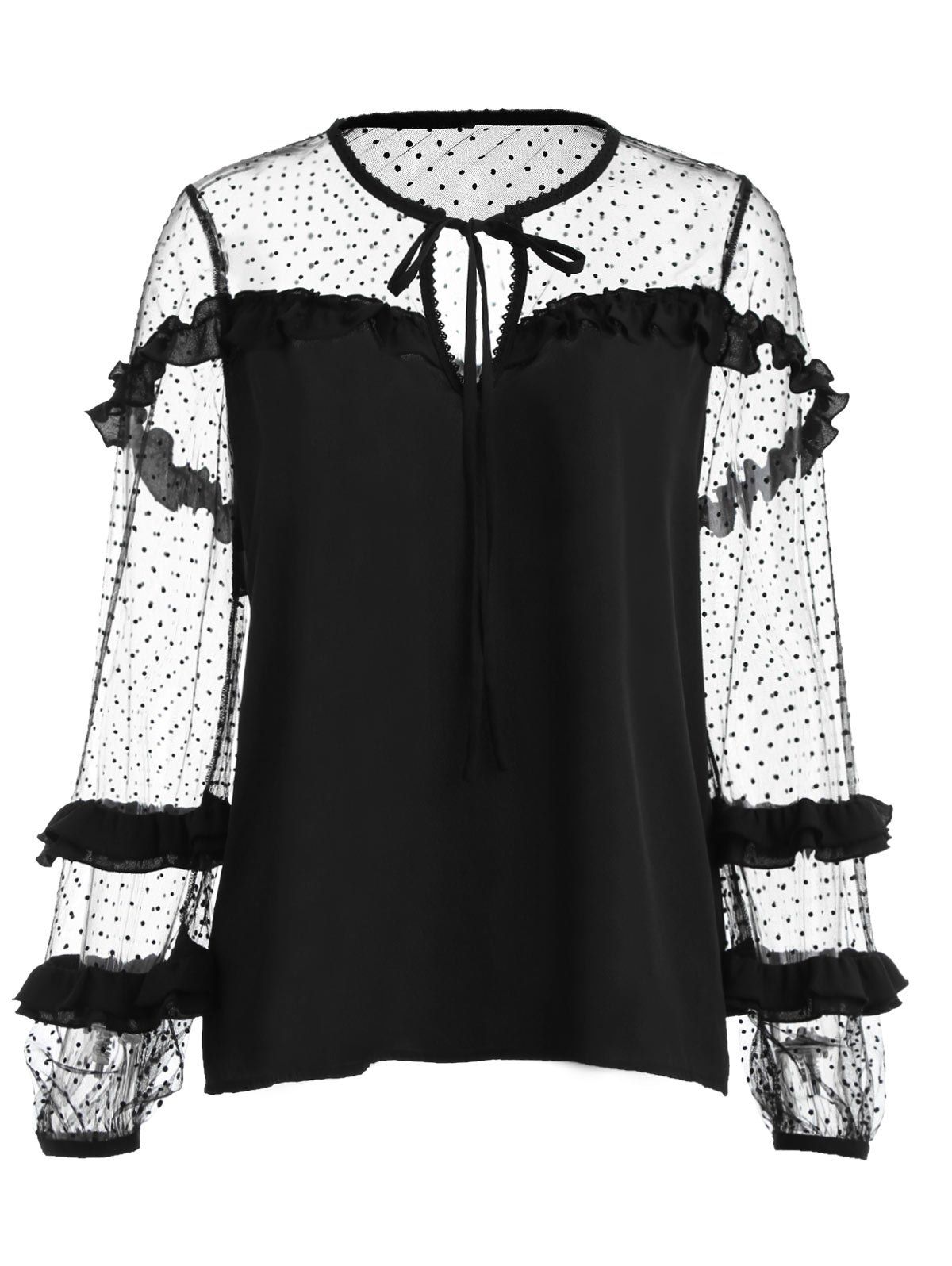 

Mesh Lantern Sleeve Ruffles Blouse, Black