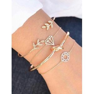 

Rhinestone Leaf Diamond Knot Cuff Bracelet Set, Gold