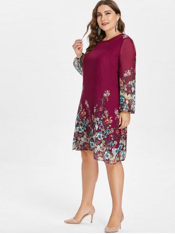 

Plus Size Print Long Sleeve Dress, Red wine
