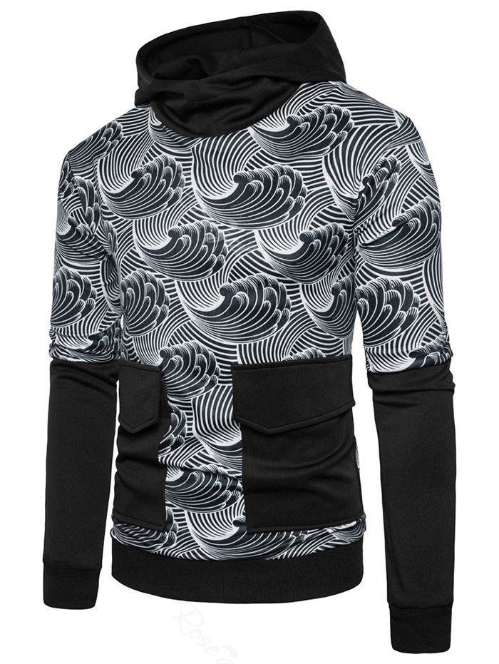 

Sea Wave Print Long Sleeve Hoodie, Black