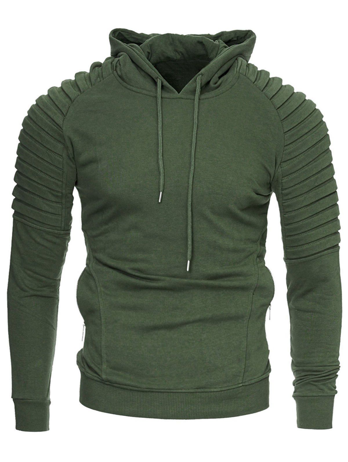 

Casual Solid Pleated Zip Pocket Fleece Hoodie, Army green