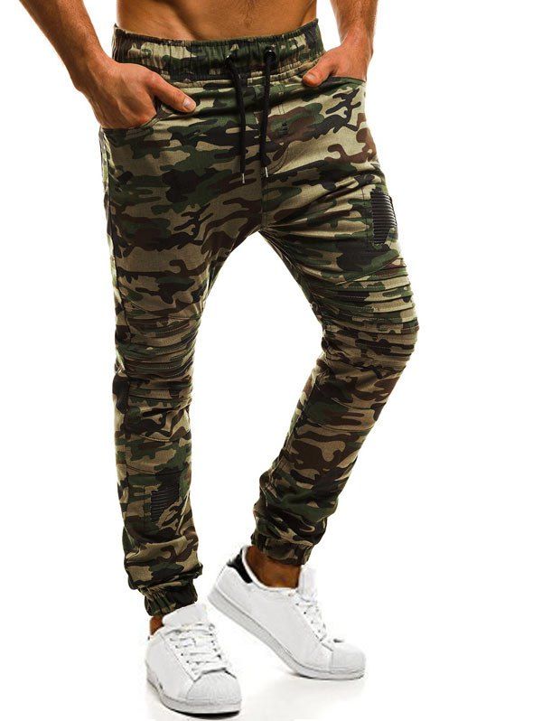 

Casual Holes Patch Pleated Sports Jogger Pants, Acu camouflage