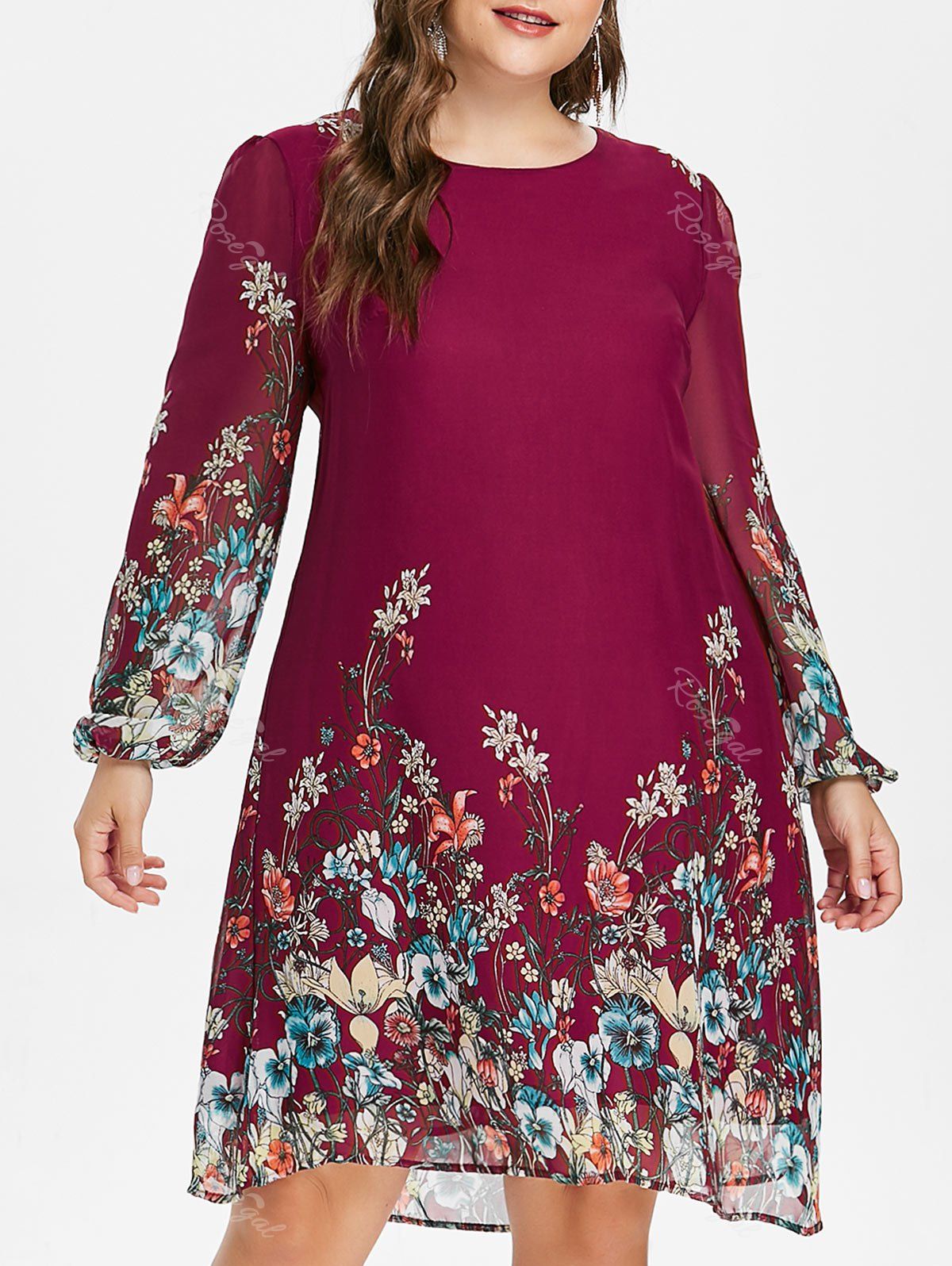 

Plus Size Print Long Sleeve Dress, Red wine
