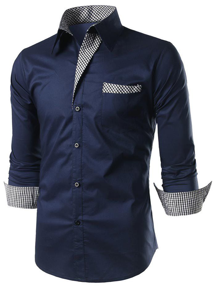 

Casual Checked Panel Button Up Shirt, Cadetblue