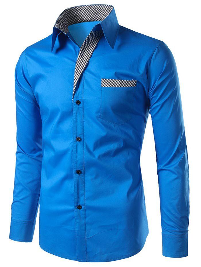 

Casual Checked Panel Button Up Shirt, Blue