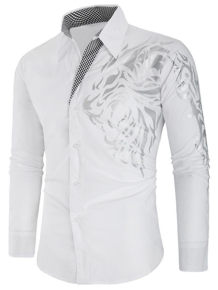 

Checked Panel Tiger Print Long Sleeve Shirt, White