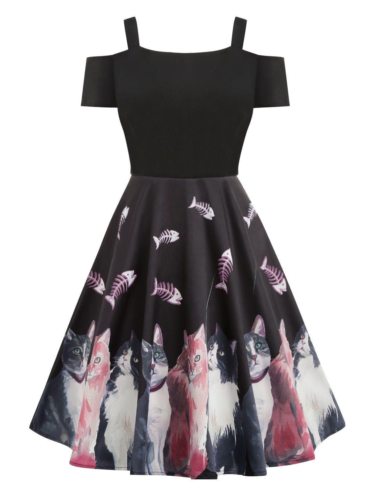 

Cold Shoulder Cat Print Pin Up Dress, Black