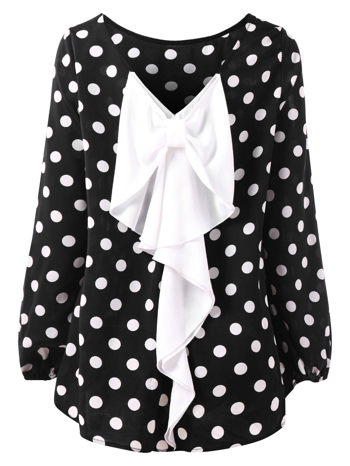 

Dotted High Low Contrast Bowknot Blouse, Black