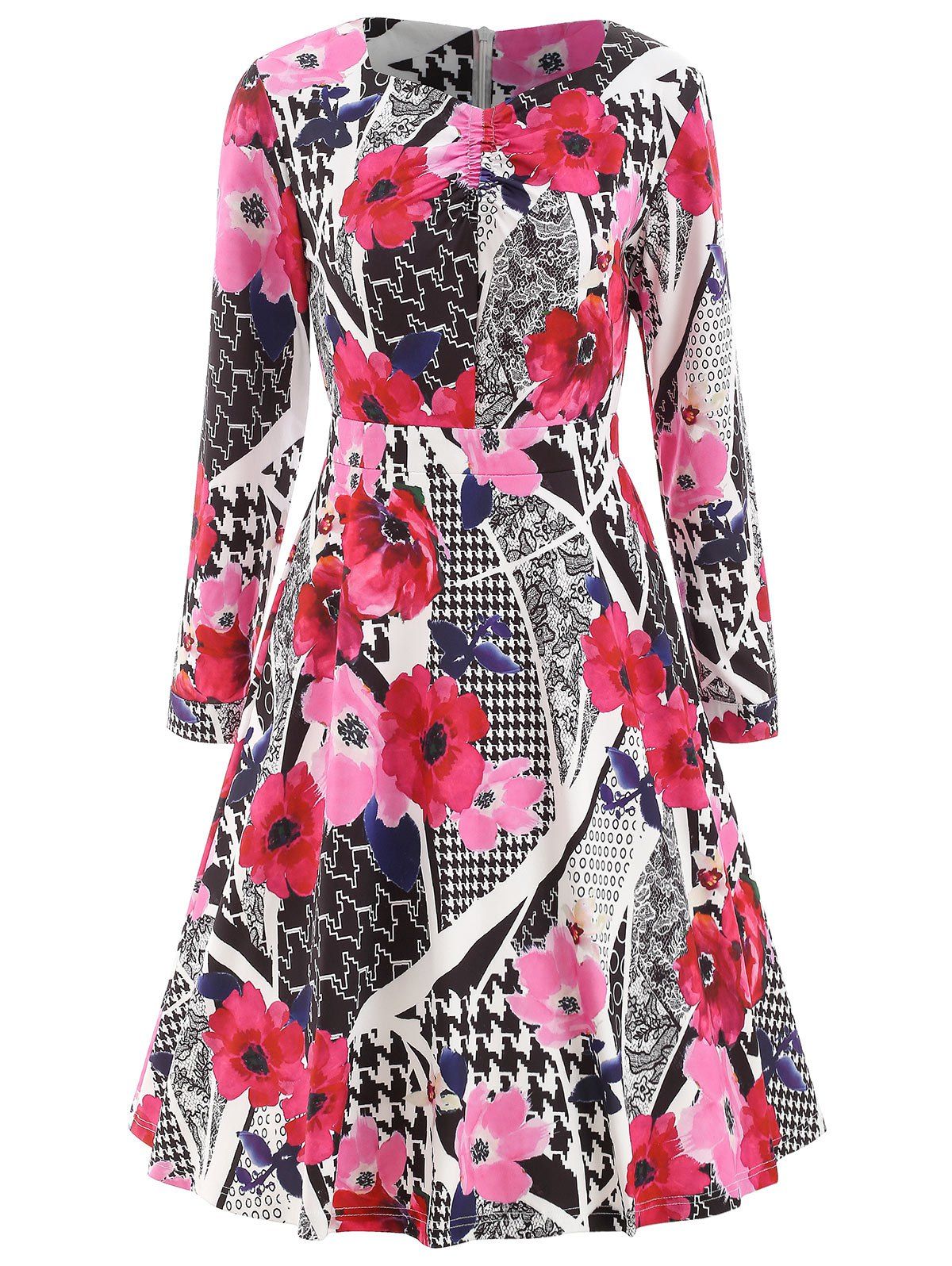 

Long Sleeve Printed High Waist Dress, Multi