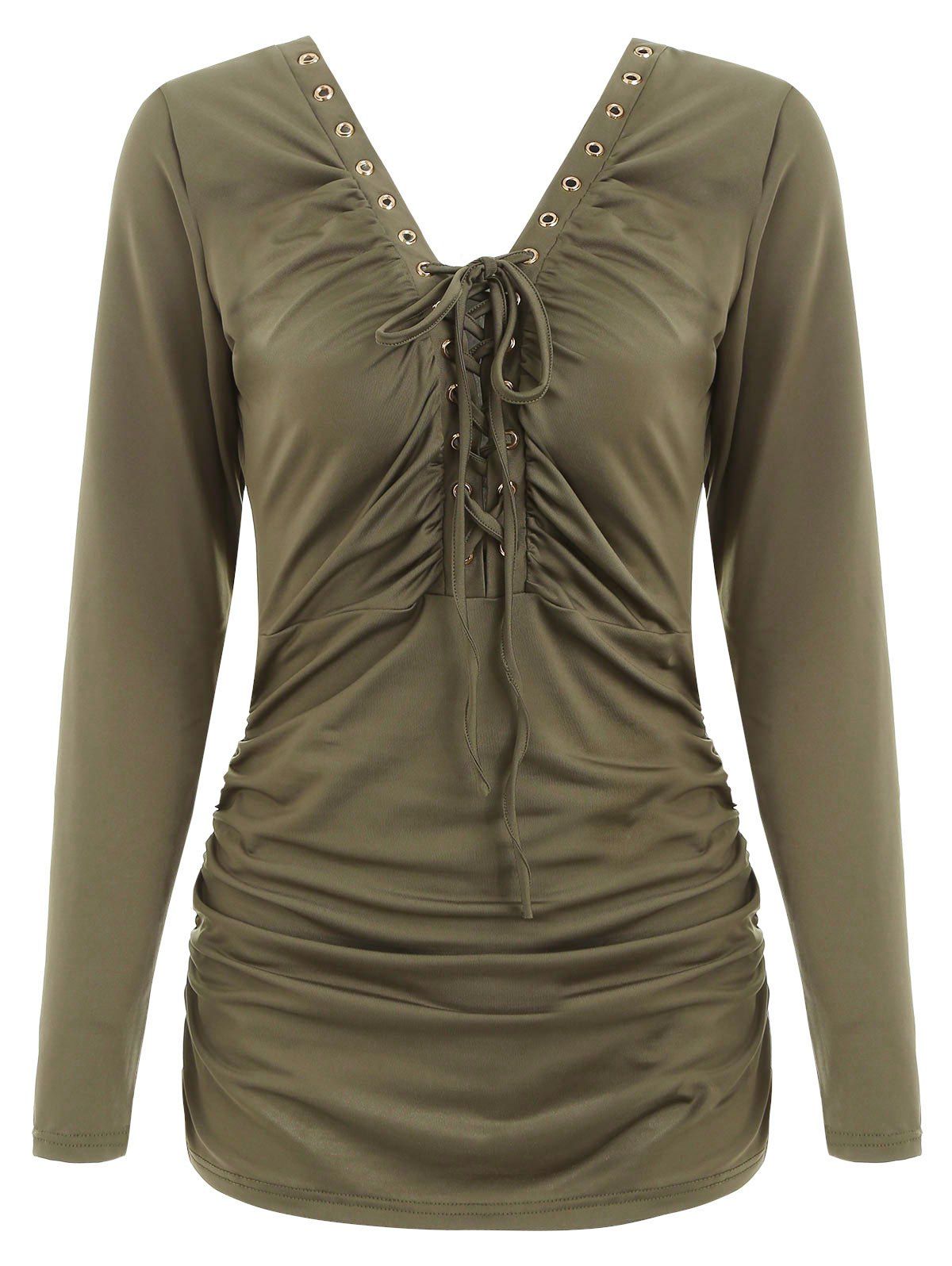 

Ruched Lace Up T-shirt, Army green