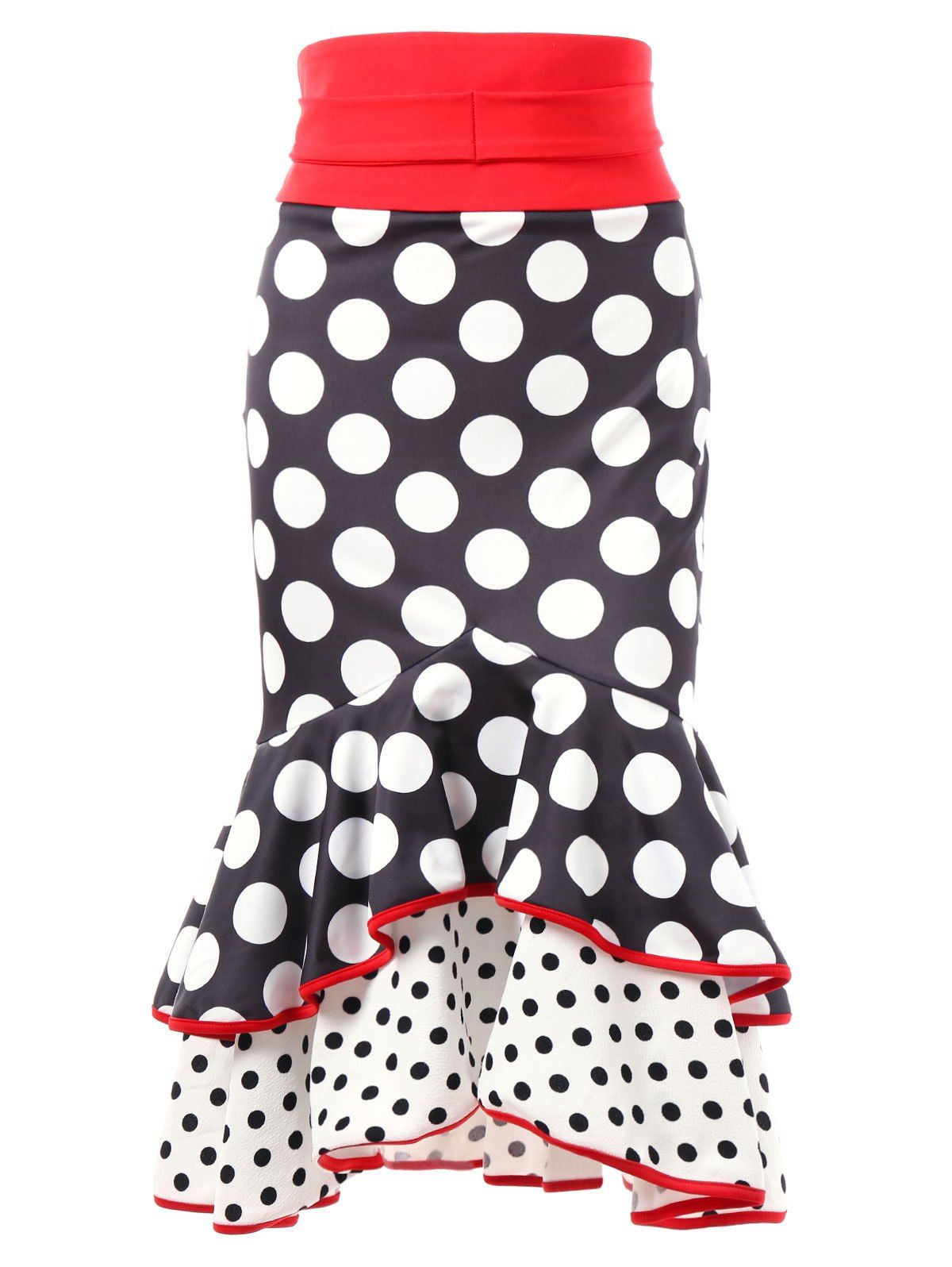 

Polka Dot Long Layered Fishtail Skirt, Black
