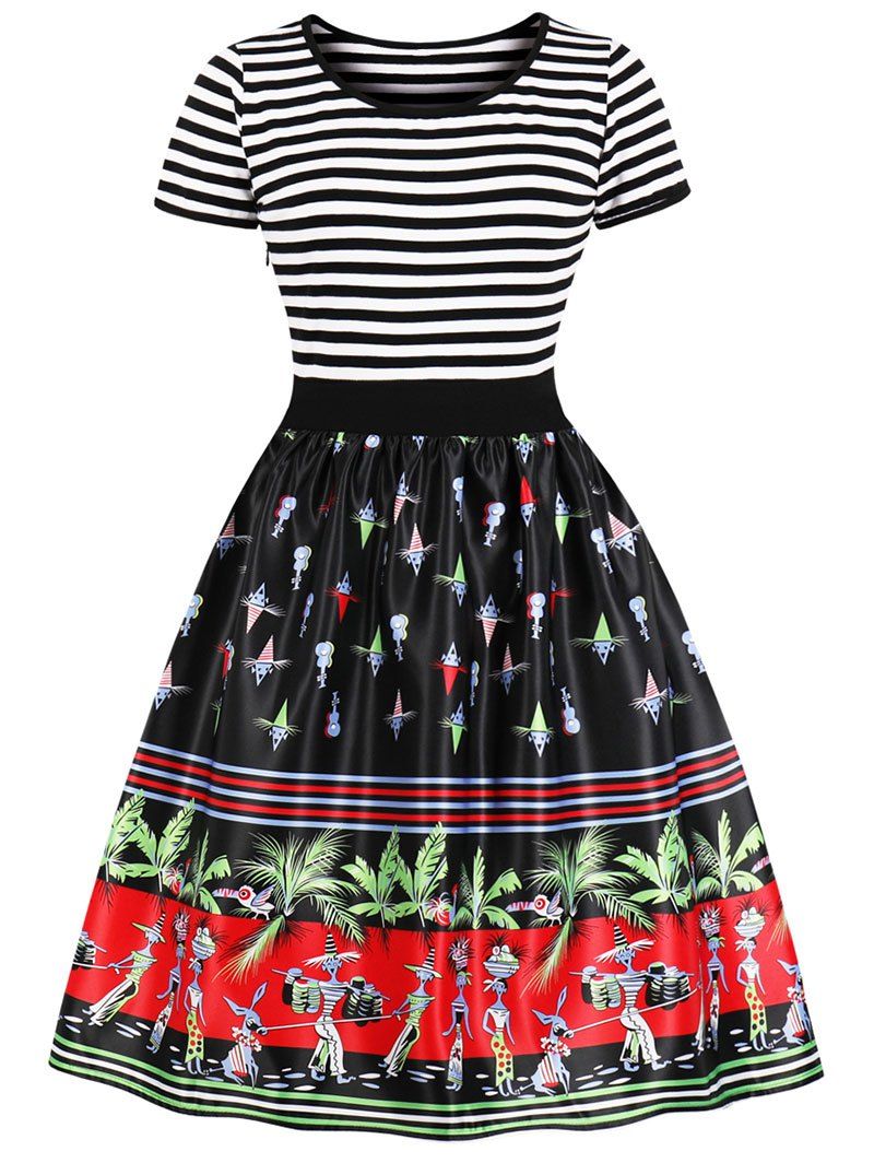 

Vintage Striped Palm Print Swing Dress, Black
