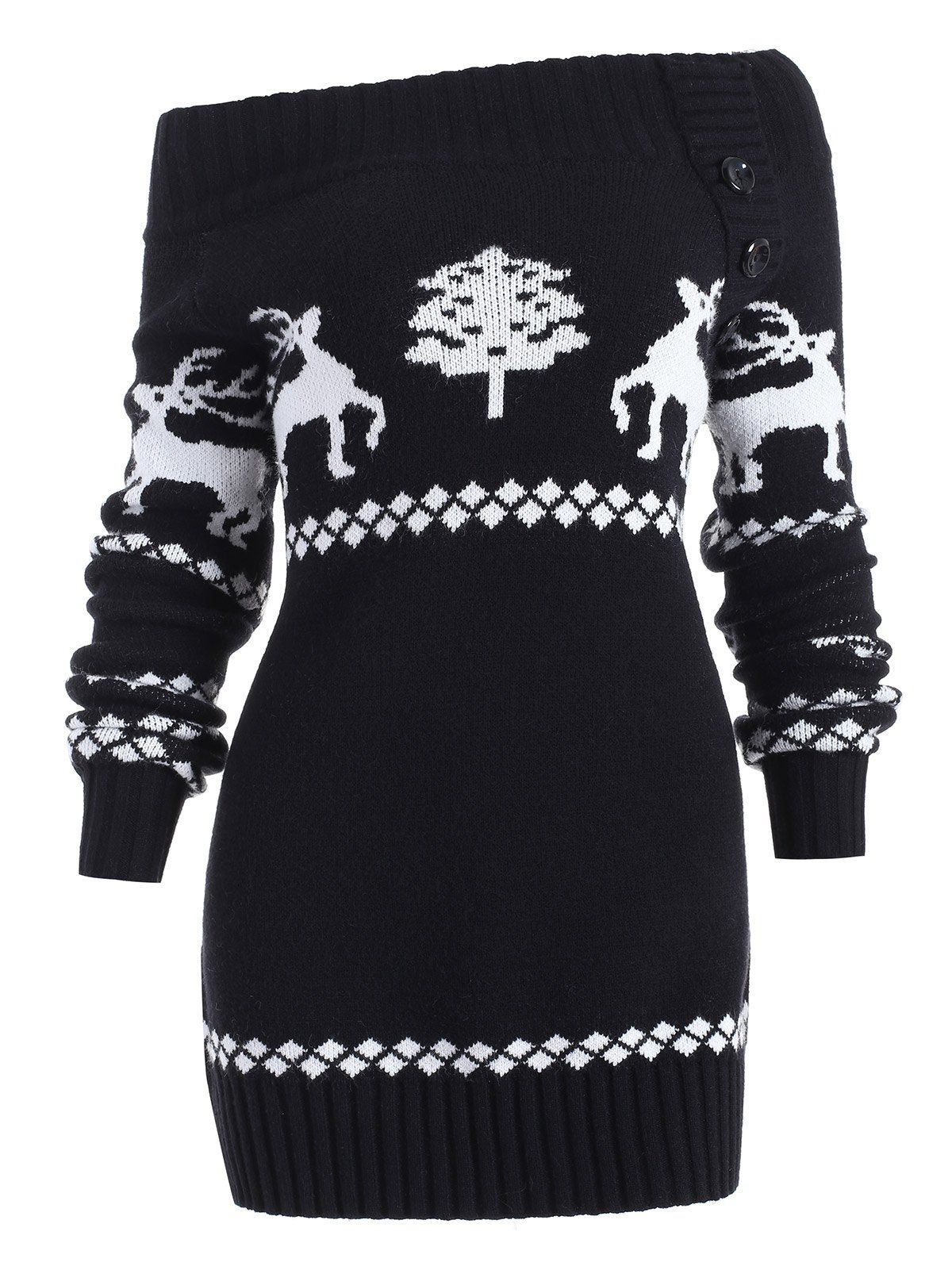 

Reindeer Off The Shoulder Knit Tunic Sweater, Black