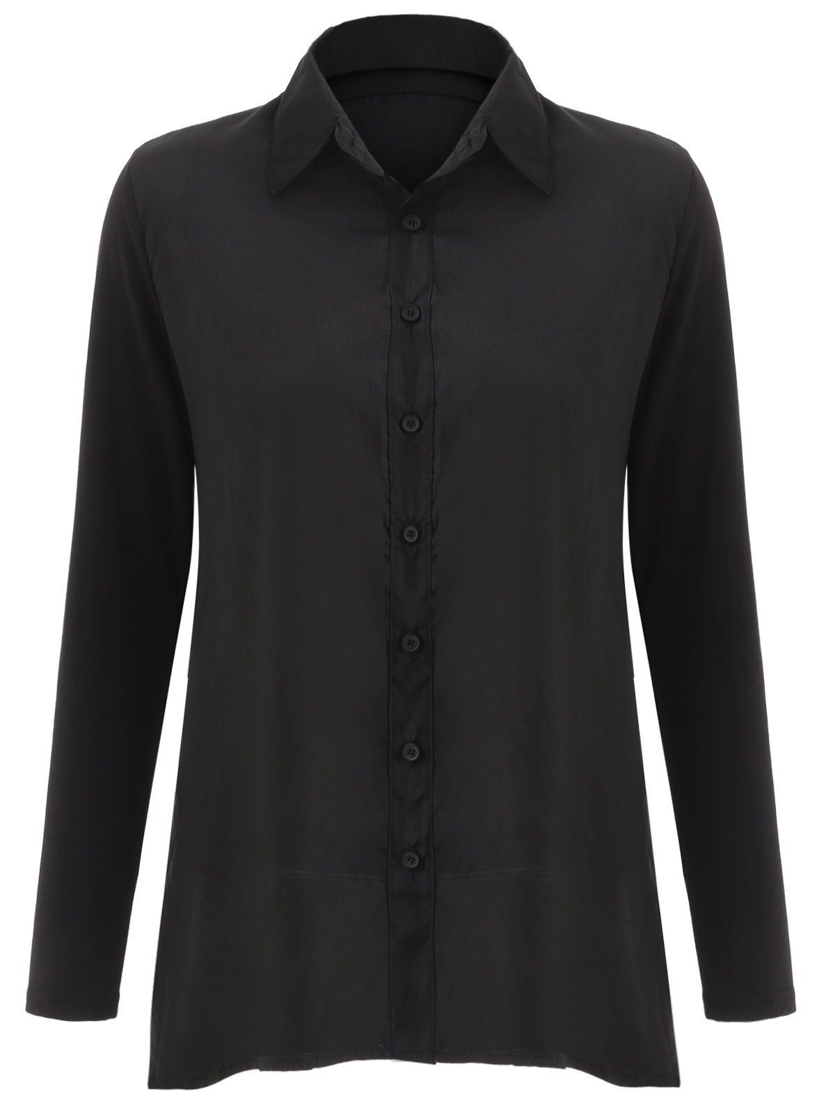 

Loose Long Sleeve Turn Down Collar Irregular Hem Women's Blouse, Black