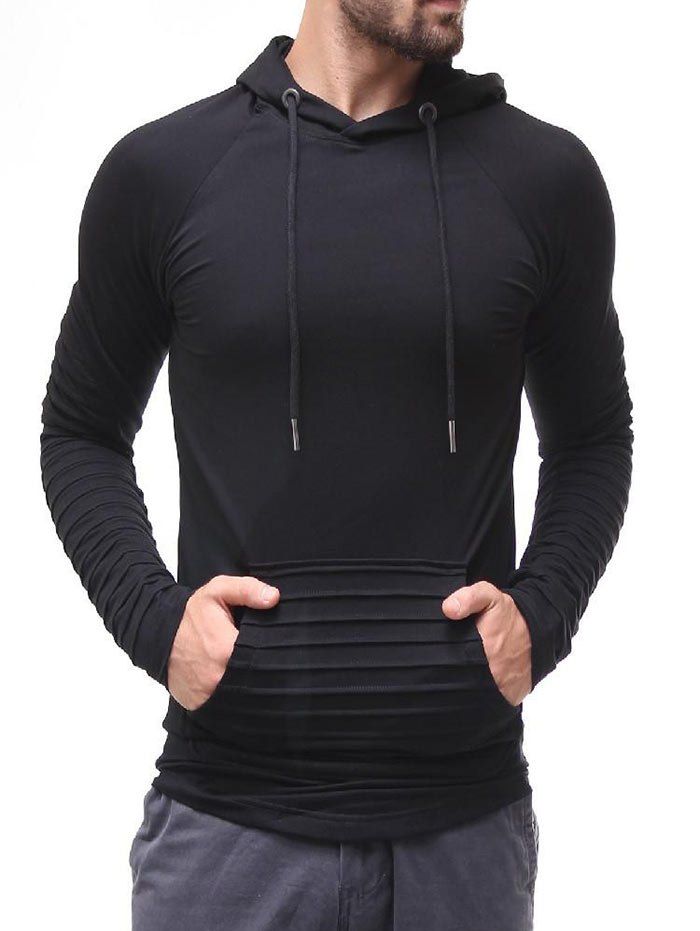 

Pleated Solid Color Casual Hoodie, Black