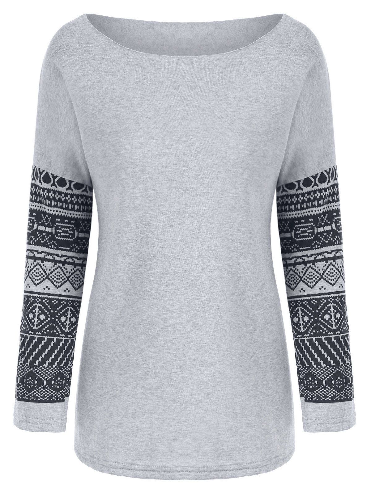 

Casual Scoop Neck Geometric Print Spliced Thick Sweatshirt For Women, Gray