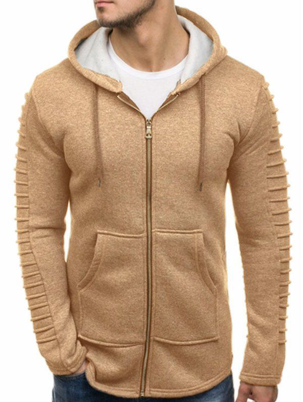 solid color pleated sleeve long fleece hoodie