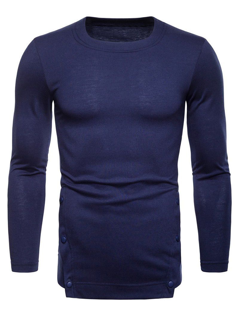 T-shirt Longues Manches avec Design D'ourlet à Bouton Bleu Cadette M