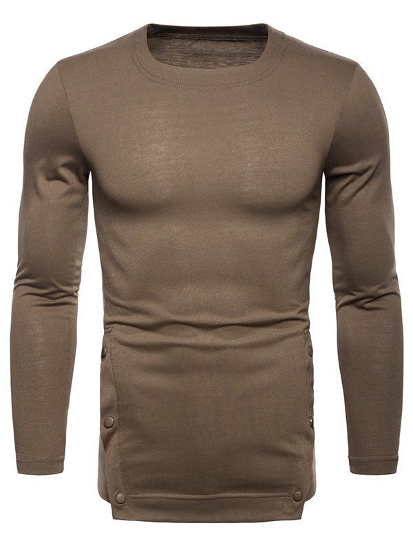

Button Hem Design Long Sleeve T-shirt, Coffee