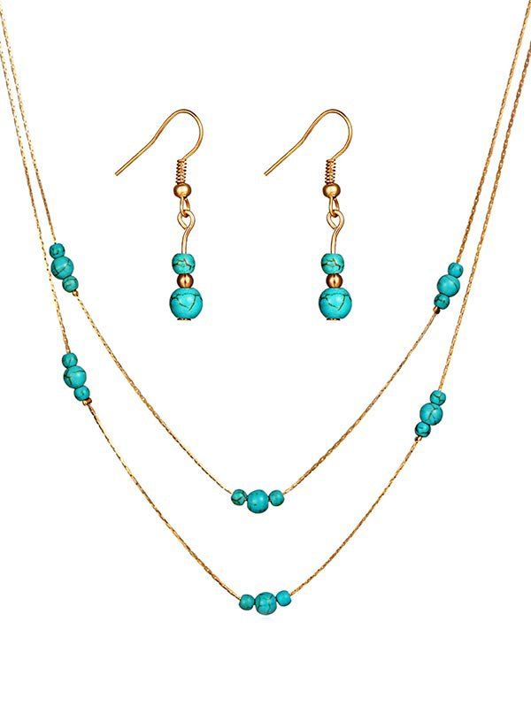 

Vintage Faux Turquoise Beaded Necklace Earrings Set, Gold