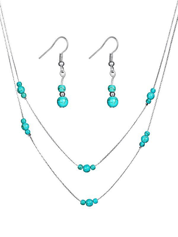 

Vintage Faux Turquoise Beaded Necklace Earrings Set, Silver