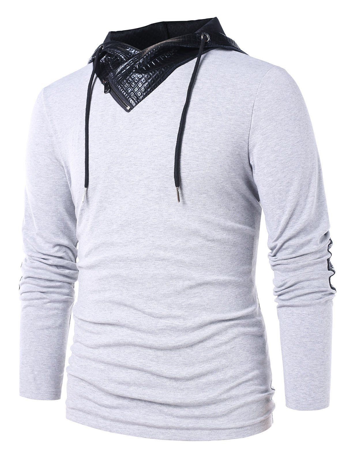 

PU Leather Panel Long Sleeve Hoodie, Gray goose