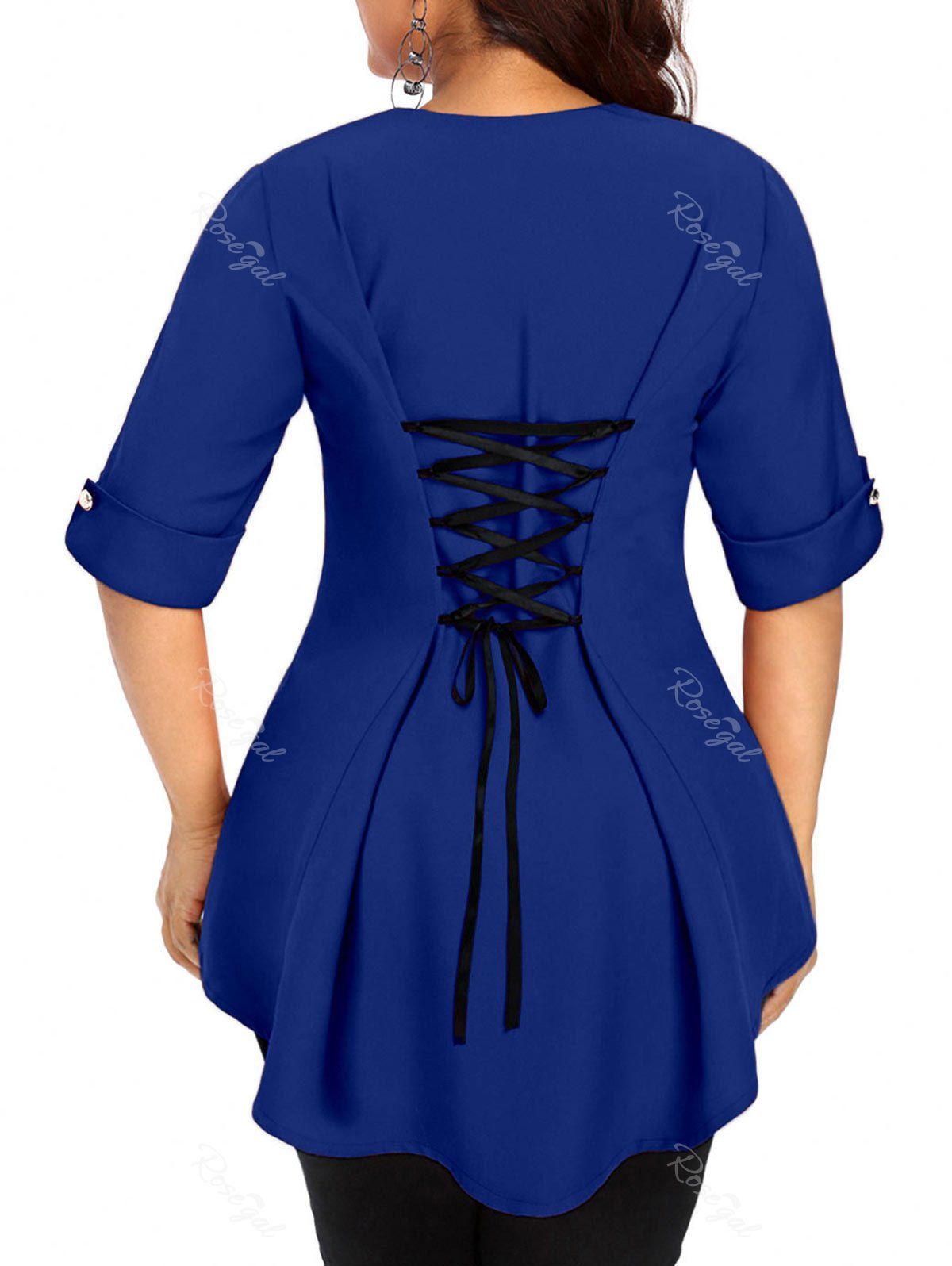 

Plus Size Color Block Lace Up Top, Earth blue