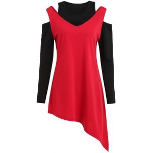 

Cold Shoulder Color Block Full Sleeve T-shirt, Red