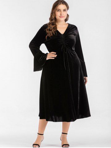 Plus Size Long Sleeve Empire Waist Dress Free Shipping Plus Size Drawstring Ruched Velvet Dress