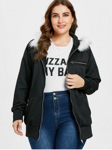 

Plus Size Faux Fur Detail Zipper Hoodie, Black