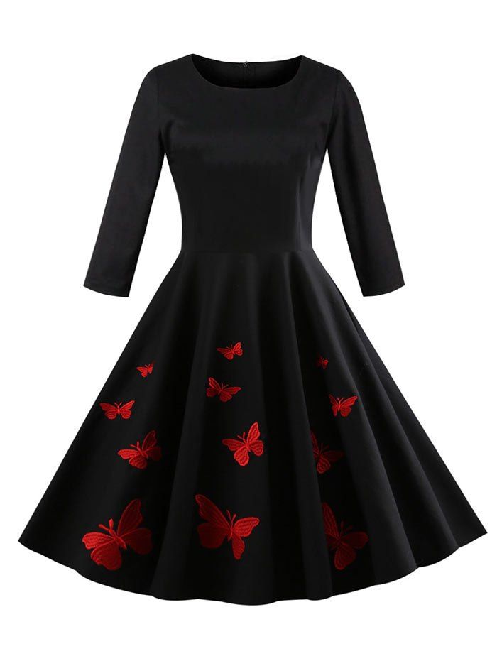 

Butterfly Embroidery Tea Length Dress, Black