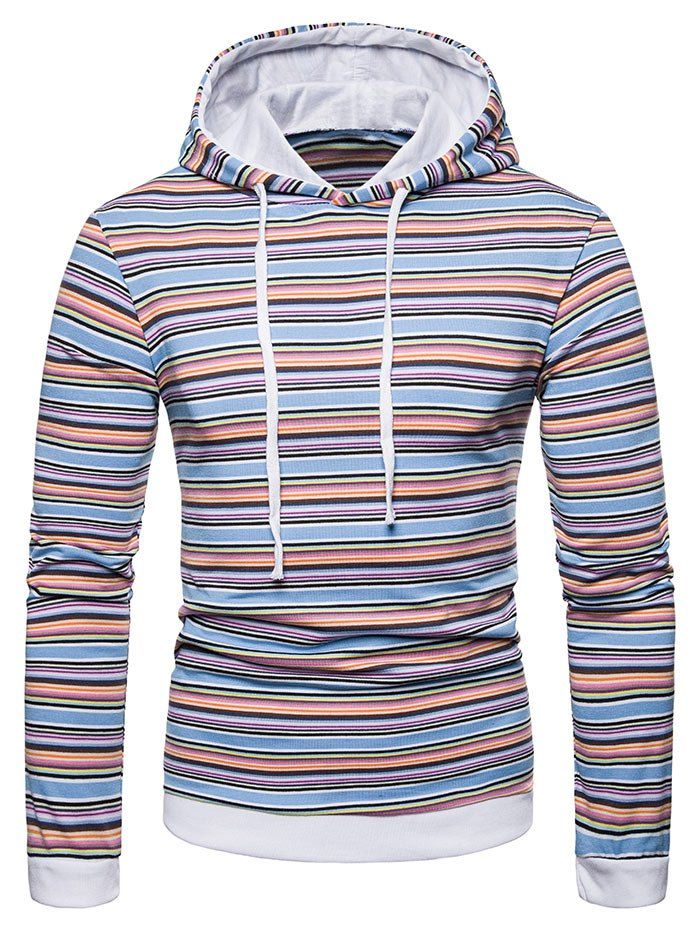 

Drawstring Hooded Colorful Striped T-shirt, Sky blue