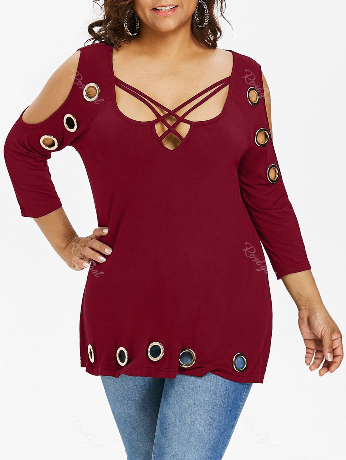 

Plus Size Grommet Embellished Square Neck T-shirt, Red wine