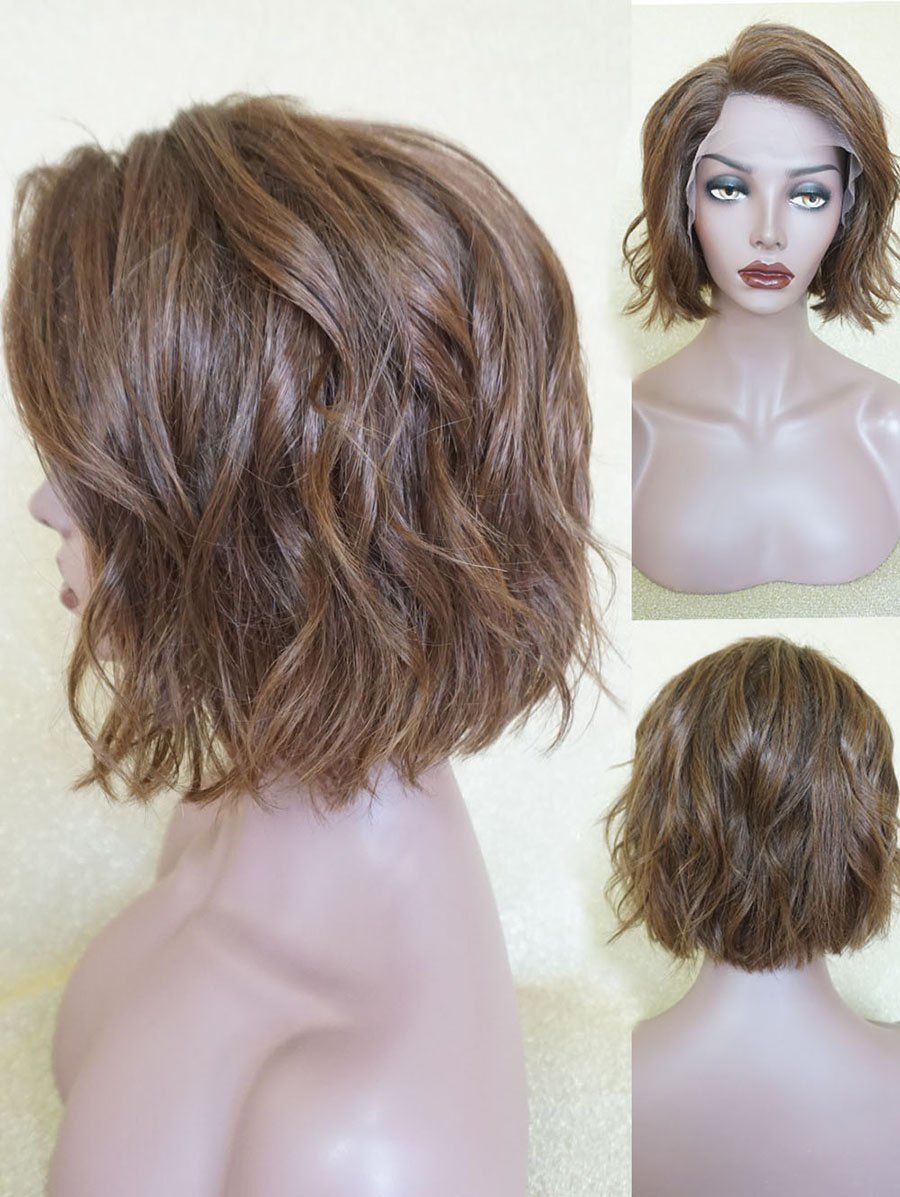 

Short Free Part Natural Wavy Human Hair Lace Front Wig, Deep brown