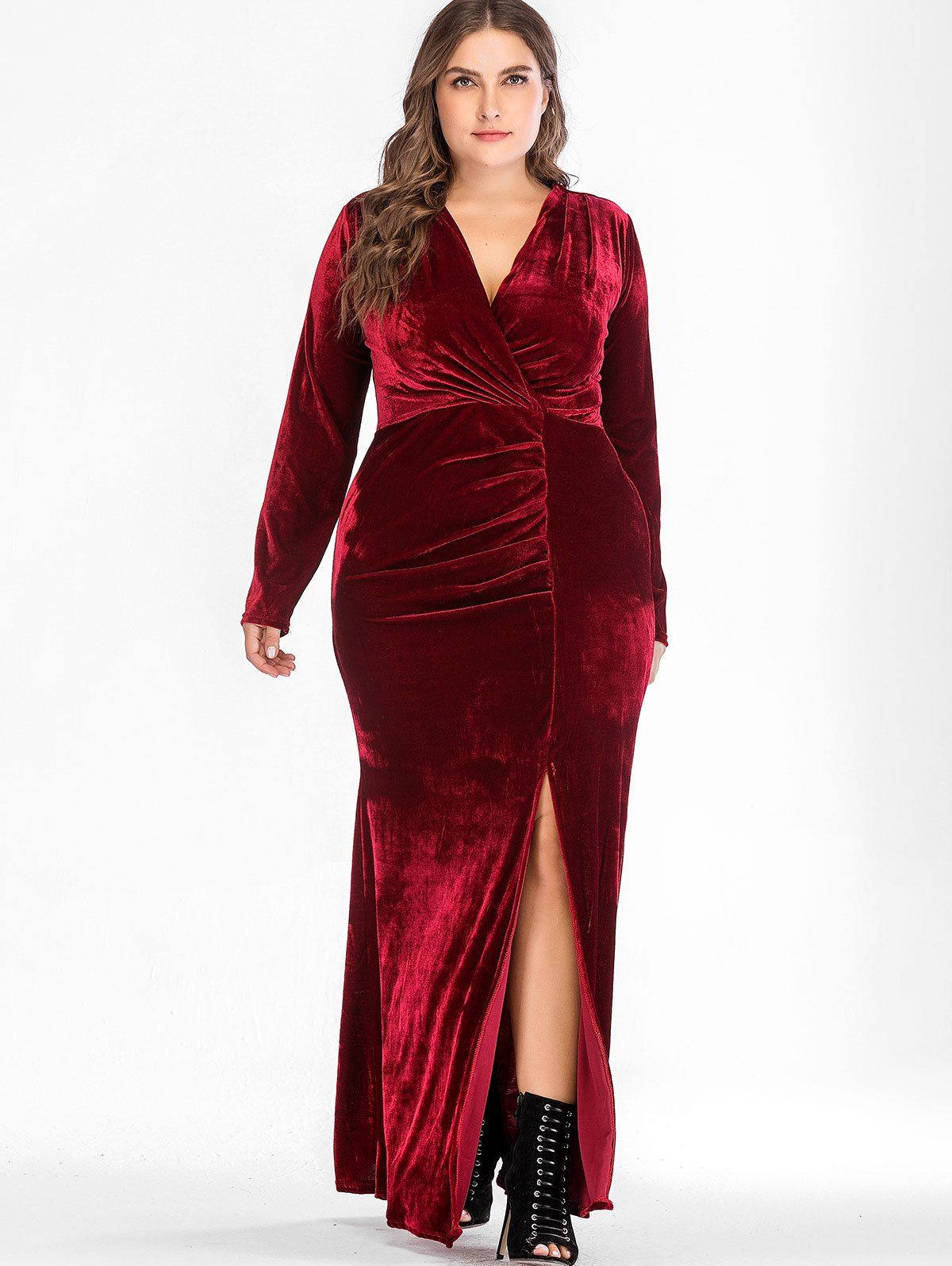 

Plus Size Vevlet Maxi Surplice Dress, Red wine