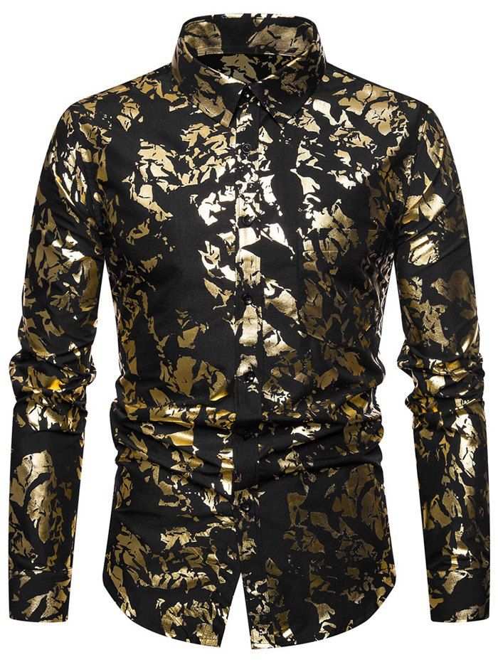 

Shiny Print Chest Pocket Button Up Shirt, Black