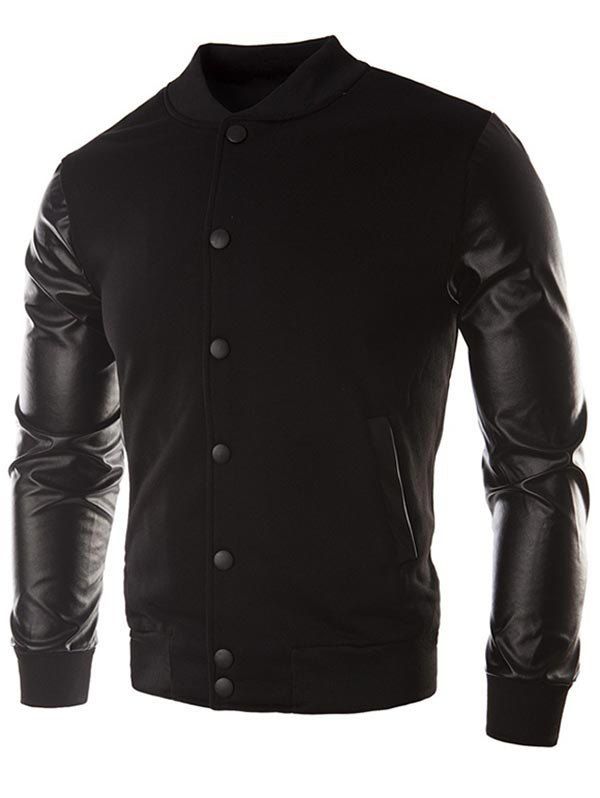 

Faux Leather Sleeve Button Placket Jacket, Black
