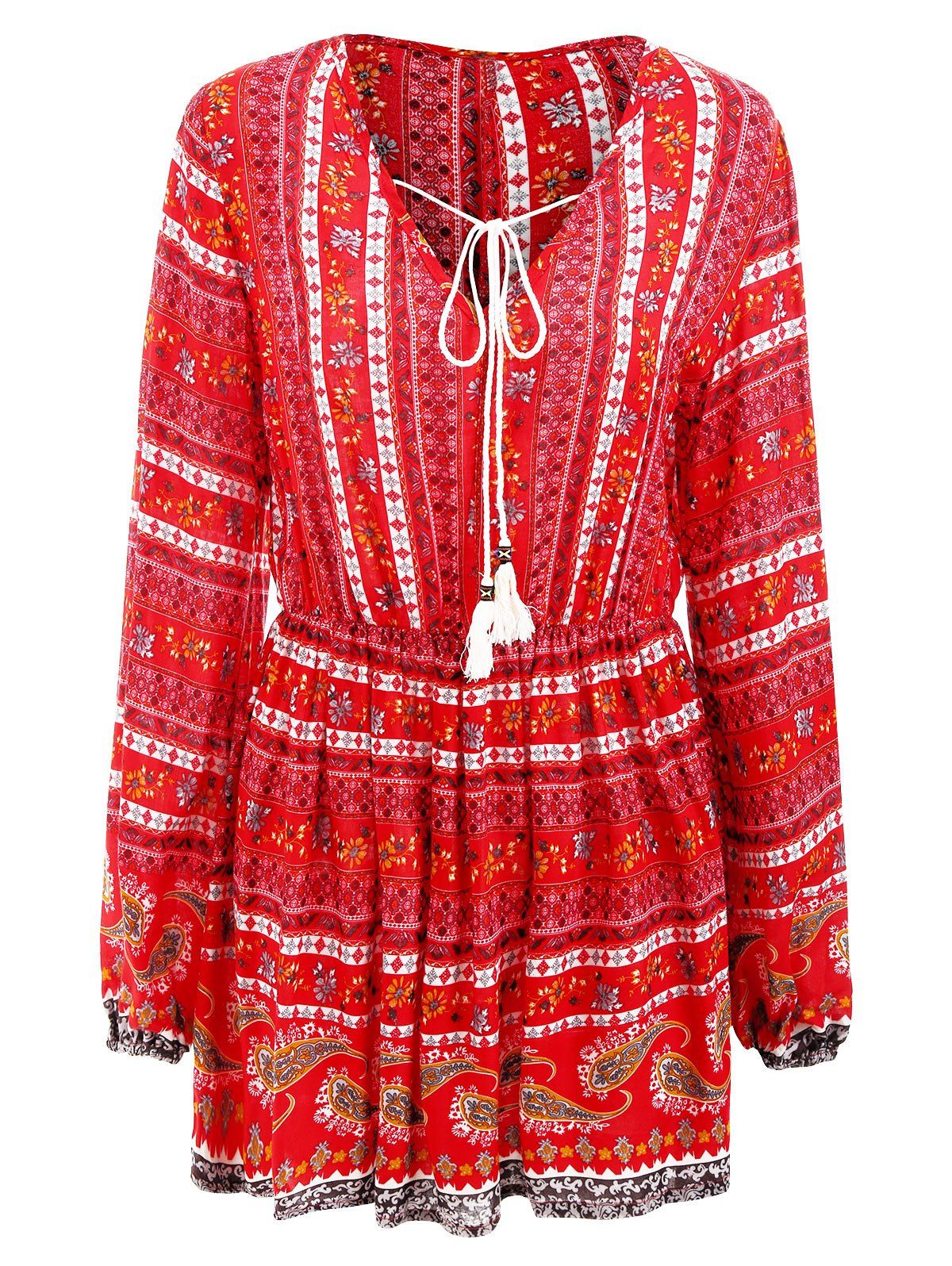 

Bohemia Print Full Sleeve Short Dress, Red