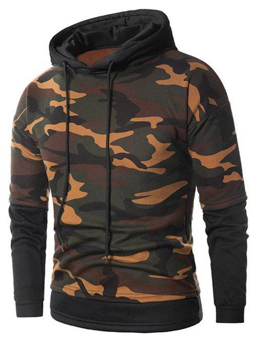 Sweat-Shirt à Capuche avec Cordon de Serrage à Manches Longues et Empiècement Camouflage ACU Camouflage XS