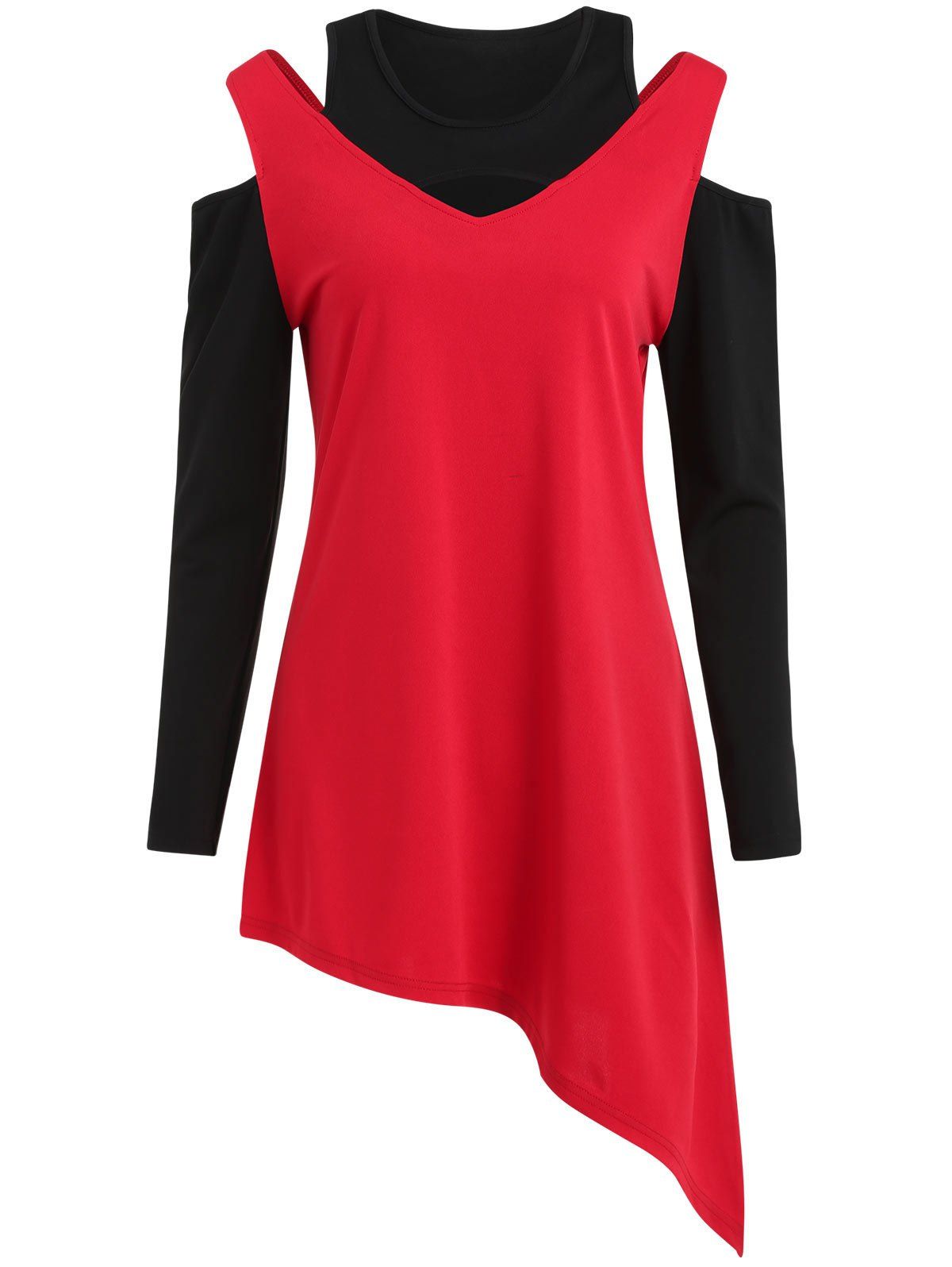 

Cold Shoulder Color Block Full Sleeve T-shirt, Red