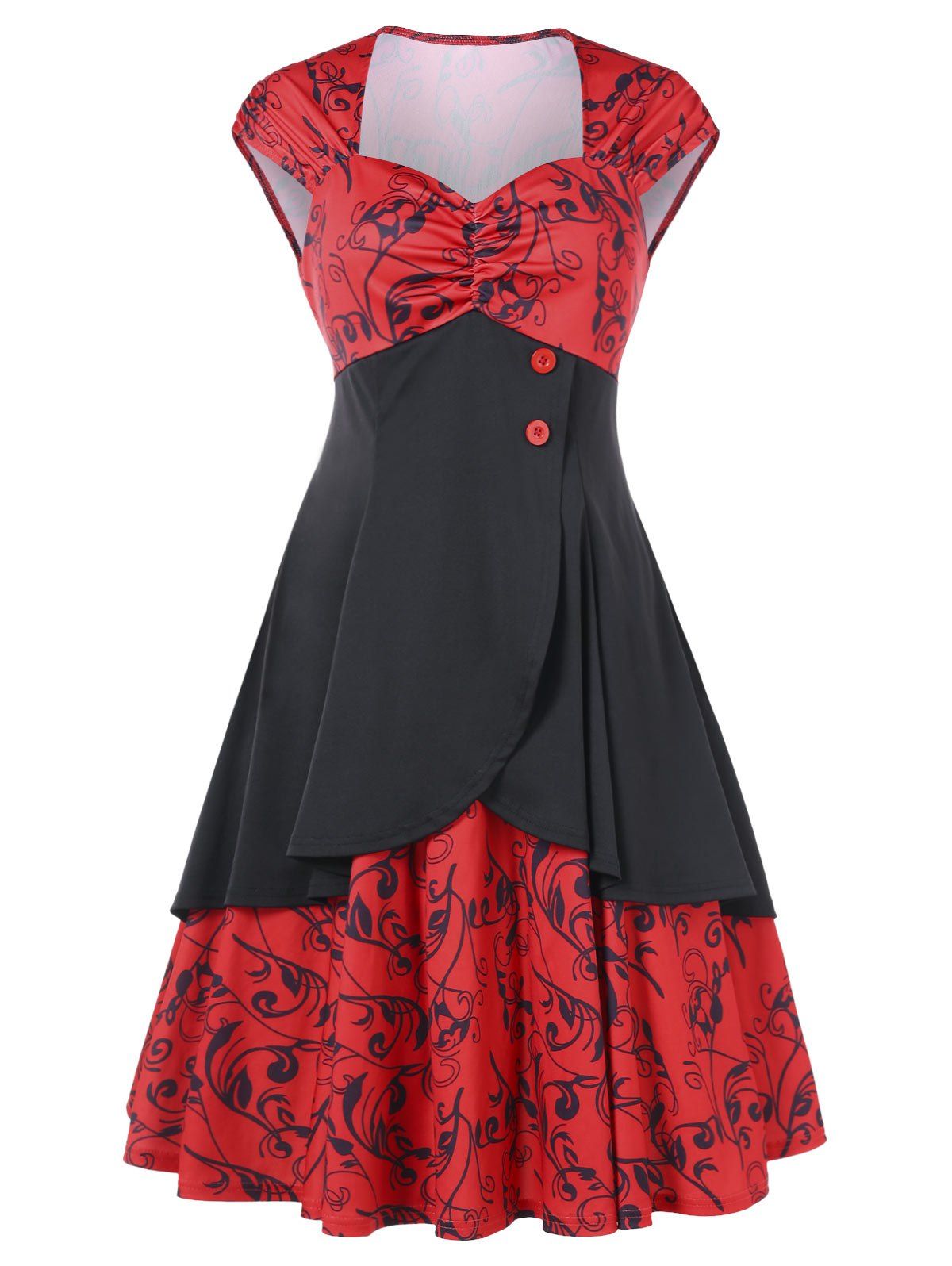 

Cap Sleeve Layered Vintage Print Dress, Red