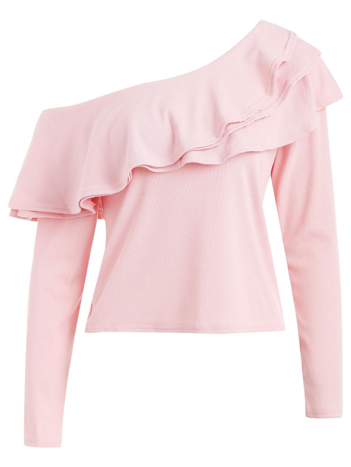 

Layered Ruffle Skew Neck Knitwear, Pig pink