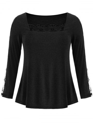 

Lace Panel Plus Size Square Neck T-shirt, Black