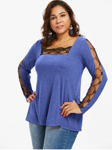 

Lace Panel Plus Size Square Neck T-shirt, Earth blue