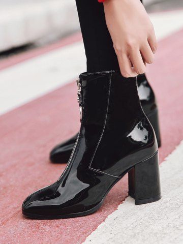 Zipper Front Patent Leather Ankle Boots